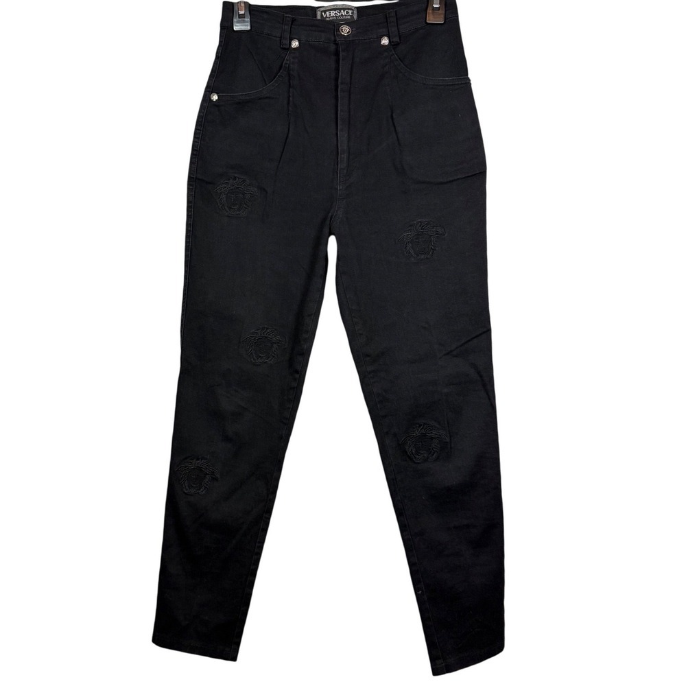 VERSACE JEANS COUTURE High Rise Straight Leg Black, Embroidered Medusa, Size L